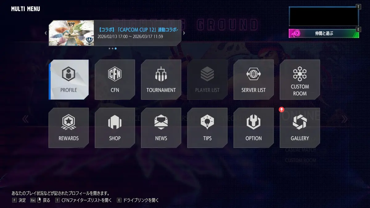 マルチメニュー画面。PROFILE アイコンにカーソルがある状態